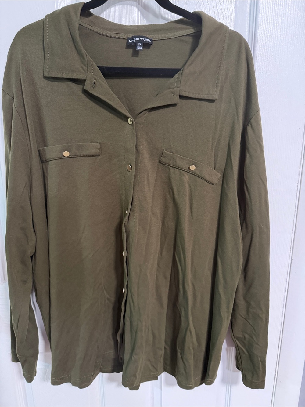 Women’s Olive Green Button-Front Blouse with Chest Pockets
